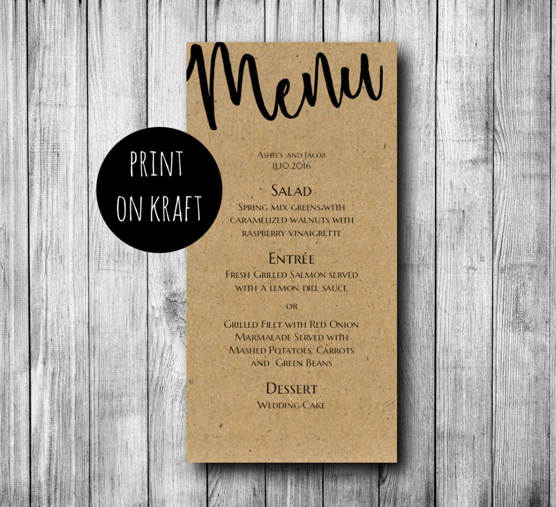 Rustic Menu Printable Country Wedding Menu Card Kraft Menu Diy Etsy