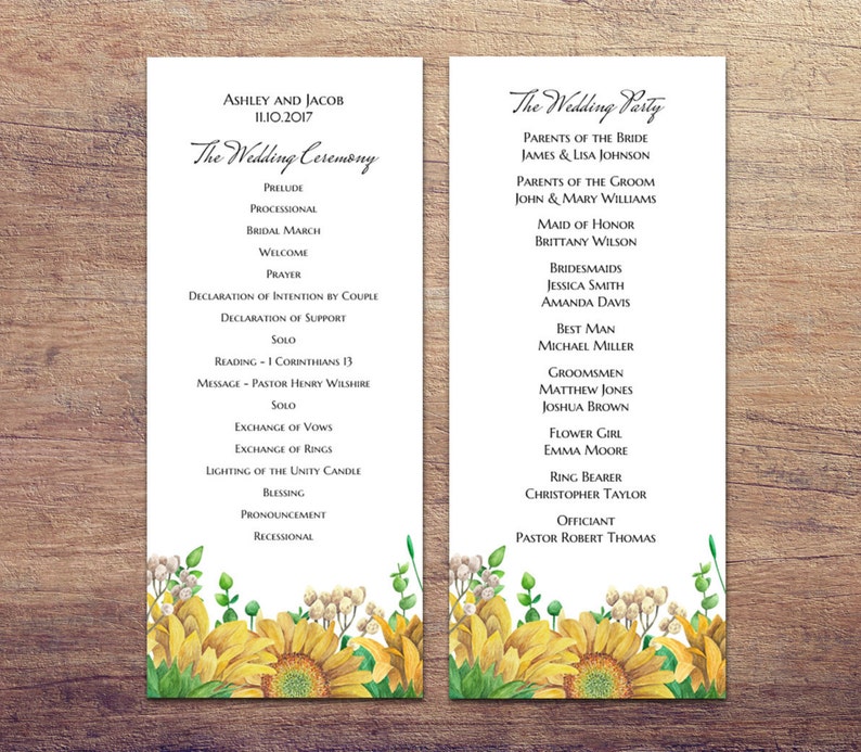 Rustic wedding program template Country ceremony Sunflower program printable Floral ceremony program card download Botanical wedding 1W132