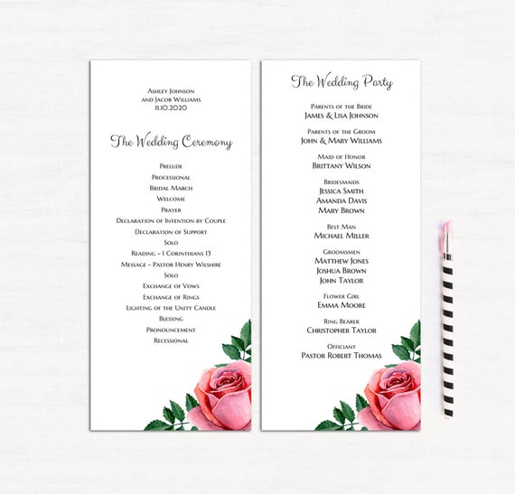 Diy Wedding Program Editable Rose Wedding Program Template Etsy