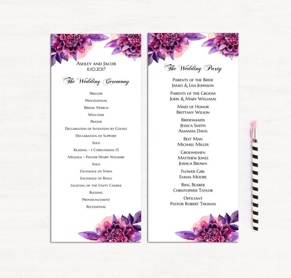 Purple Wedding Program Template Floral Ceremony Card Printable Etsy