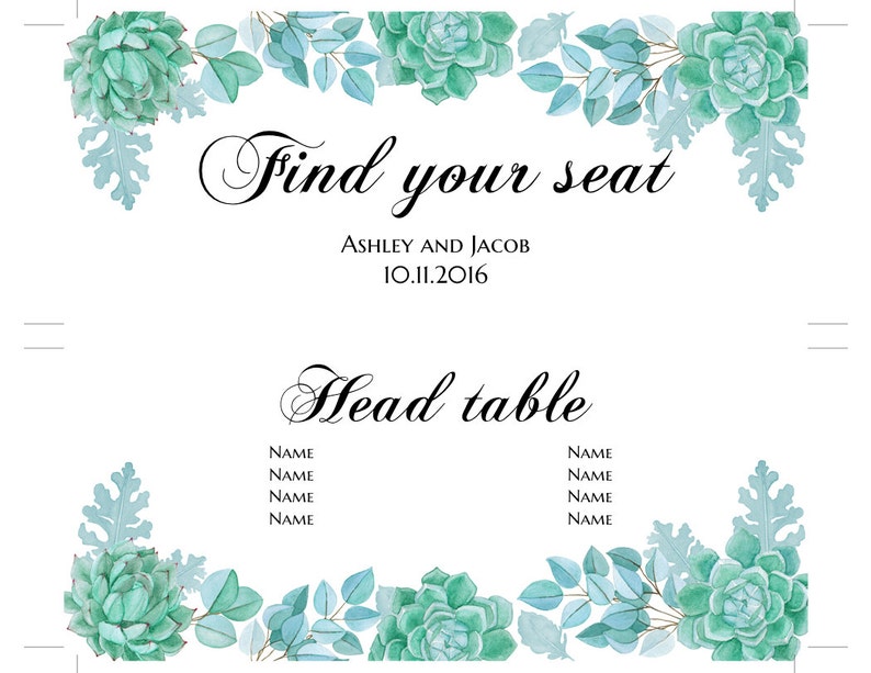 Succulent wedding seating chart template Mint wedding Floral seating plan printable Botanic wedding table plan diy Instant download 1W128