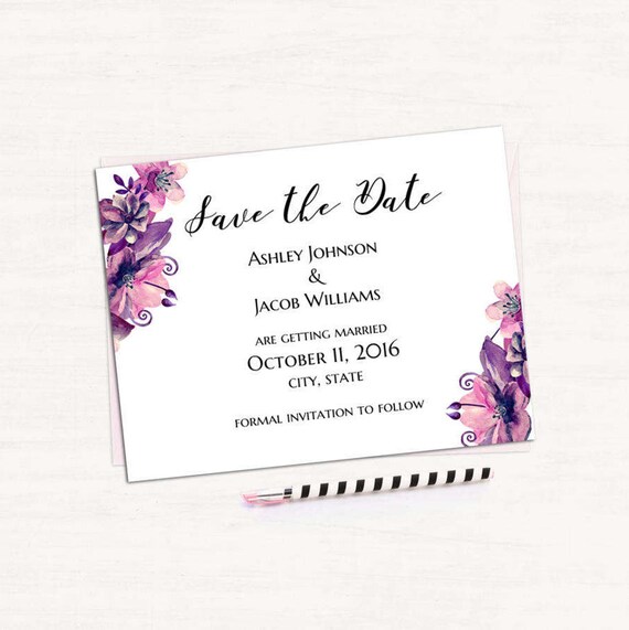save the date printable purple wedding save the date template etsy