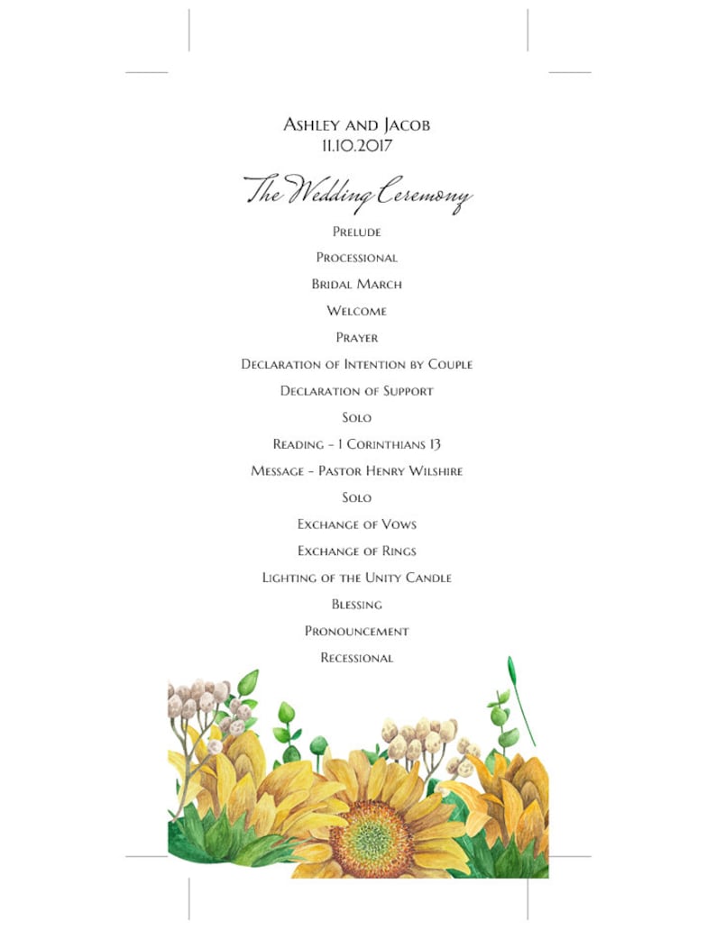 Rustic wedding program template Country ceremony Sunflower program printable Floral ceremony program card download Botanical wedding 1W132