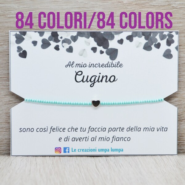 bracciale cugino, amore bracciale, bracciale cuore, bracciale perline colorate, braccialetto con perline, bracciale regolabile in corda