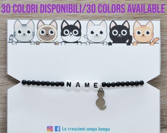 cat bracelet, cat bracelet with name, personalized animal jewelry, custom name beaded bracelet, colorful beads bracelet, cats charm