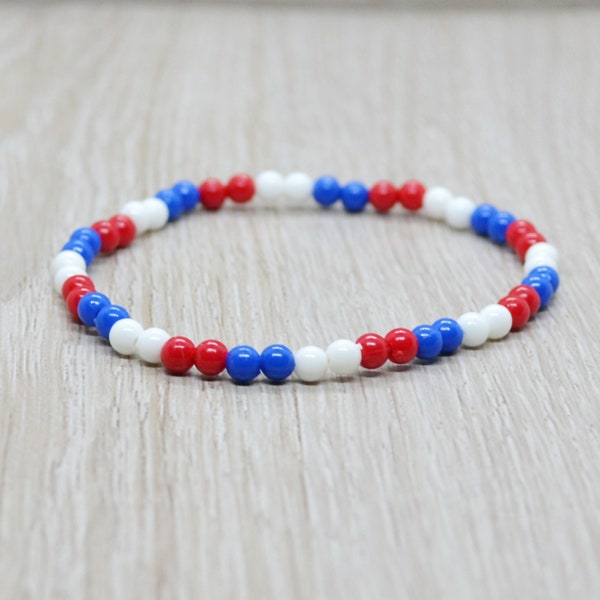 flag bead bracelet, elastic beaded bracelet, serbia bracelet, red blue white bracelet, serbian bracelet