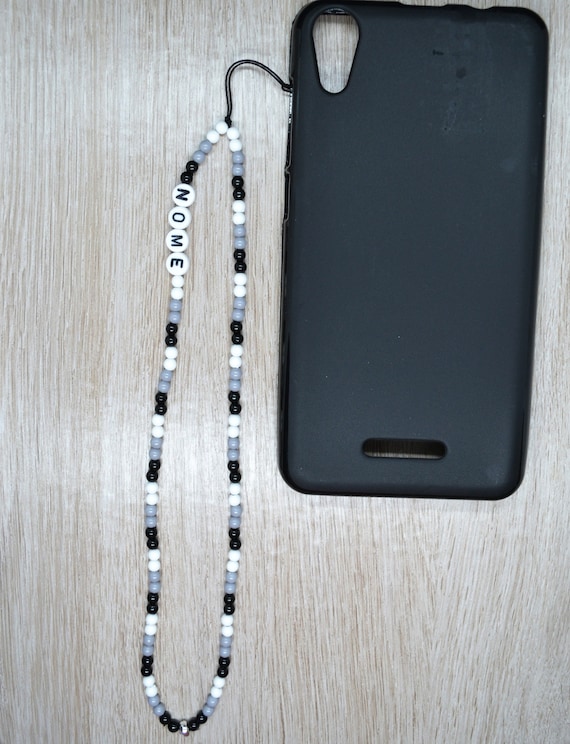 Phone Strap White Gray Black, Personalized Phone Charm, Beaded Phone Charm,  Mobile Phone Chain Beads, iPhone Charm Strap, Name Phone Strap 