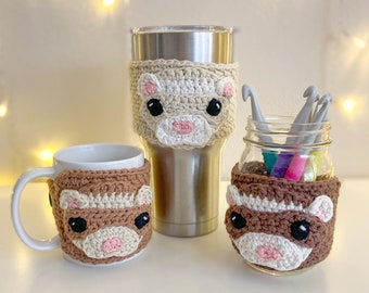 Ferret Coffee Mug Cozy Crochet Pattern, Pole Cat Travel Cup Animal Sleeve Digital Download PDF Tutorial