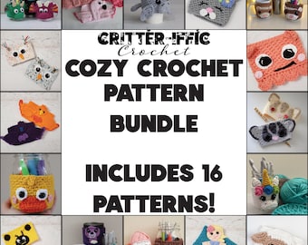Bundle of 16 Coffee Cozy Crochet patterns featuring Sugar Gliders, Unicorns, Dragons, Otters and more