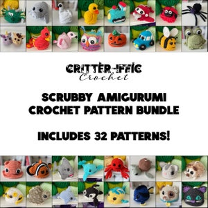 May include: A collection of 32 crochet amigurumi patterns for scrubby toys. The patterns include a variety of animals, including a turtle, a shark, a crab, a cat, a bee, a duck, a pumpkin, a car, and a dragon. The patterns are available as a digital download.  "Critter-Iffic Crochet" is written on the image.