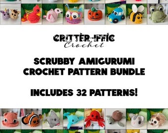 Bundle of 32 Scrubby Amigurumi Crochet Patterns featuring Dragons, Frogs, Sugar Gliders, Sharks, Turtles and more