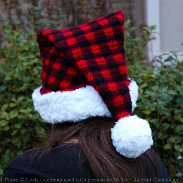 Plaid Santa Hat Crochet Pattern, Christmas Elf Buffalo Check Fur Brimmed Winter Holiday Cap With Pom Digital Download PDF Tutorial