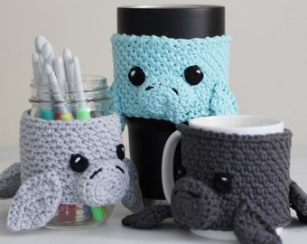 Manatee Coffee Mug Cozy Crochet Pattern, Sea Cow Travel Cup Ocean Animal Sleeve Digital Download PDF Tutorial