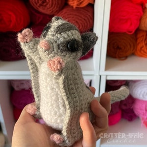 grey sugar glider being held by a hand in front of a shelf of red yarn