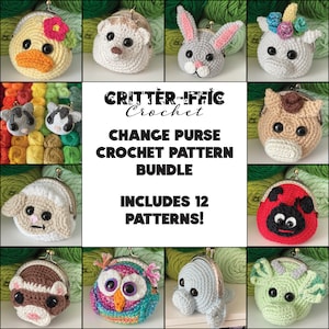 May include: A set of 12 crochet patterns for change purses featuring various animal designs, including a duck, bunny, unicorn, cat, sheep, ladybug, ferret, owl, seal, and dragon. The patterns are titled "Critter-ific Crochet Change Purse Crochet Pattern Bundle Includes 12 Patterns!"