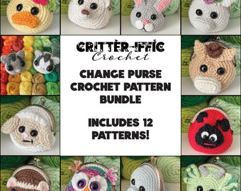 Bundle of 12 Change Purse Crochet patterns featuring Sugar Gliders, Hedgehogs, Unicorns, Dragons, Owls and more