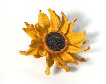 Sunflower Leather Yellow Flower Brooch, Fantasy Flower Pin, Leather Brooche, Floral Brunch, Floral brooches, 3rd Wedding Anniversary