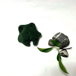 K&ouml;nnte beinhalten: Ein gr&uuml;nes Pl&uuml;sch-Froschspielzeug mit schwarzen Augen, das auf einer wei&szlig;en Oberfl&auml;che mit zwei grauen Steinen und einer gr&uuml;nen Pflanze liegt.