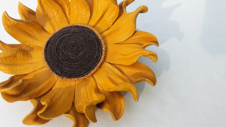 Sunflower Leather Yellow Flower Brooch, Fantasy Flower Pin, Leather Brooche, Floral Brunch, Floral brooches, 3rd Wedding Anniversary image 3