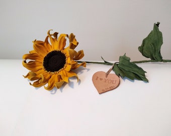 Leather Sunflower long stem,  Leather Flower with Date and Initial, 3rd Anniversary gift for Her, Anniversary gifts for him, Gift for Wife