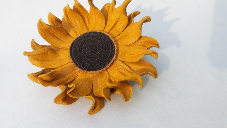 Sunflower Leather Yellow Flower Brooch, Fantasy Flower Pin, Leather Brooche, Floral Brunch, Floral brooches, 3rd Wedding Anniversary image 6