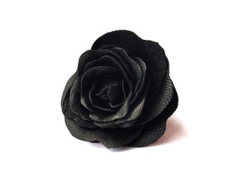 Leather Flower Brooch, Black Mens Lapel Pin, Corsage Pin, Rose brooch, Black Wedding, Leather Boutonniere for Man, Floral Broach, Red White
