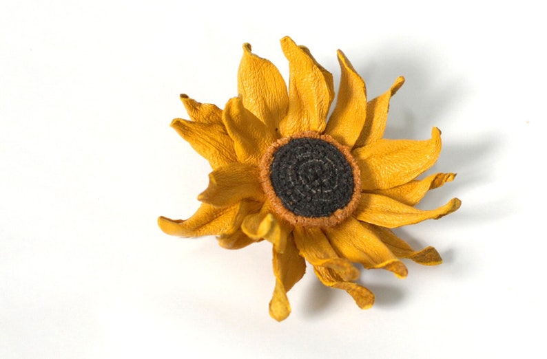 Sunflower Leather Yellow Flower Brooch, Fantasy Flower Pin, Leather Brooche, Floral Brunch, Floral brooches, 3rd Wedding Anniversary image 1