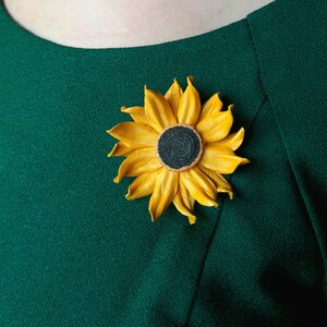 Sunflower Leather Yellow Flower Brooch, Fantasy Flower Pin, Leather Brooche, Floral Brunch, Floral brooches, 3rd Wedding Anniversary image 4