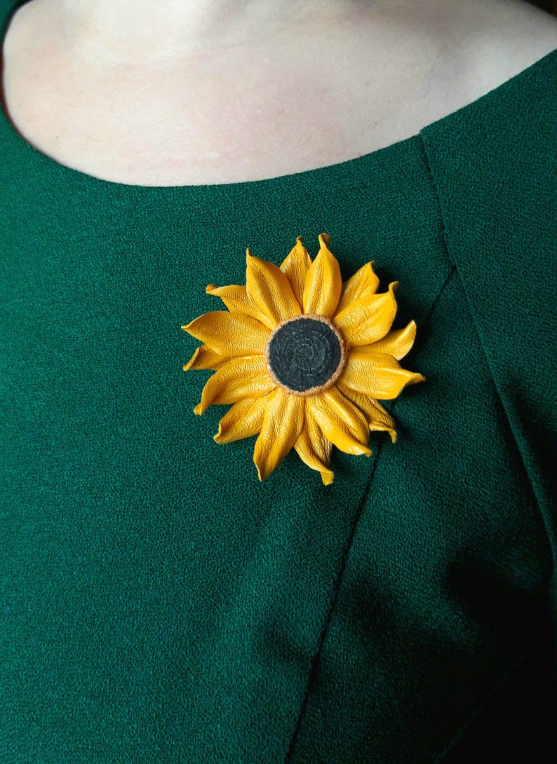 Sunflower Leather Yellow Flower Brooch, Fantasy Flower Pin, Leather Brooche, Floral Brunch, Floral brooches, 3rd Wedding Anniversary image 4