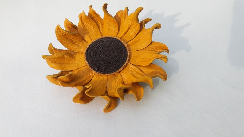 Sunflower Leather Yellow Flower Brooch, Fantasy Flower Pin, Leather Brooche, Floral Brunch, Floral brooches, 3rd Wedding Anniversary image 5