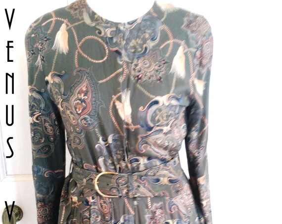 UK 14 1980s Vintage 1950s-Style Tea Dress Baroque Paisley Full Skirt Rockabilly EU 42 US 10 Bust 40" 102cm