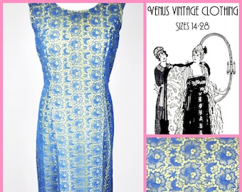 Plus Size UK 18 Vintage 1960s Maxi Column Dress Blue Crochet Lace Boho EU 46 US 14 Bust 44"  112cm