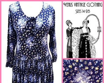 Plus Size UK 16 Laura Ashley Vintage Tea Dress Midnight Blue Floral EU 44 US 12 Bust 42" 107cm