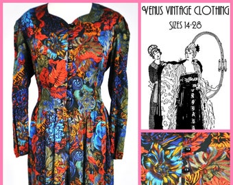 Plus Size UK 18 Vintage 1980s Psychedelic Floral Tea Dress Midi Maxi EU 46 US 14 Bust 44"  112cm