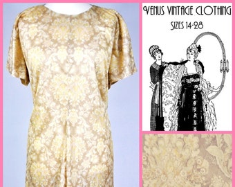 Plus Size UK 30 Vintage Cocktail Dress Gold Silky Floral Bespoke Bust 56"  143cm EU 58 US 26