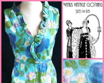 UK 12 14 Vintage 1960s Wrap Dress Wiggle Handmade Floral Blue Green Mad Men US 8 10 Bust to 40"  102cm