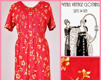 Plus Size UK 18 Vintage Floral Dress Cottagecore Smocking EU 46 US 14 Bust 44" 112cm