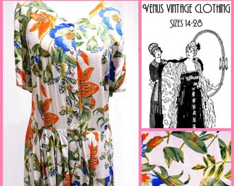 Plus Size UK 20 Vintage Tea Dress Floral Tropical  Boho Orange Blue  EU 48 US 16 Bust 46" 117cm