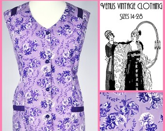 Plus Size UK 20 Vintage 1960s Mini Dress Mod Floral Purple Cotton Bust 46" 117cm EU 48 US 16