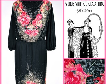 Plus Size UK 20 Vintage 1970s Maxi Dress Floral Chiffon Boho EU 48 US 16 Bust 46" 117cm