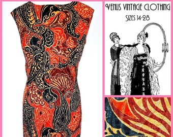 Plus Size UK 18 Vintage 1970s Maxi Column Dress Black Red Silver Lurex Metallic Psychedelic Boho  Bust 44" 112cm EU 46 US 14