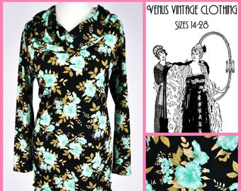 Plus Size UK 18 1970s Vintage Cocktail Dress Green Black Floral Silky Clifton Bust 44" 112cm EU 46 US 14