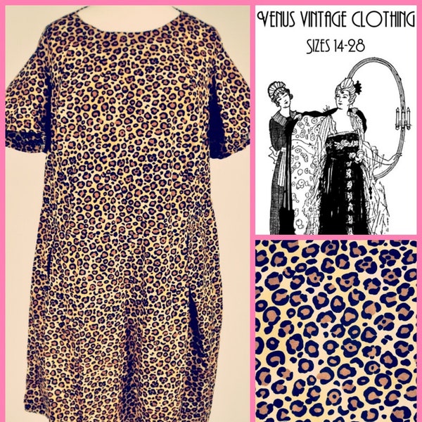 Plus Size UK 24 Vintage Leopard Print Tea Dress 1920s-Style Cotton Handmade EU 52 US 20 Bust 50" 127cm