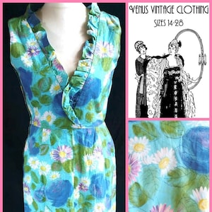 UK 12 14 Vintage 1960s Wrap Dress Wiggle Handmade Floral Blue Green Mad Men US 8 10 Bust to 40 102cm image 1