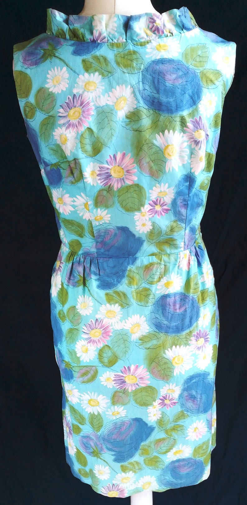 UK 12 14 Vintage 1960s Wrap Dress Wiggle Handmade Floral Blue Green Mad Men US 8 10 Bust to 40 102cm image 5