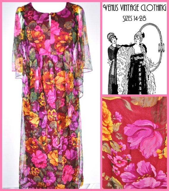 Plus Size UK 16 Vintage 1970s Sylvan Maxi Dress Pink Floral Chiffon Angel Sleeves Boho EU 44 US 12 Bust 42"  107cm