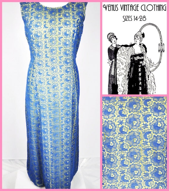 Plus Size UK 18 Vintage 1960s Maxi Column Dress Blue Crochet Lace Boho EU 46 US 14 Bust 44"  112cm