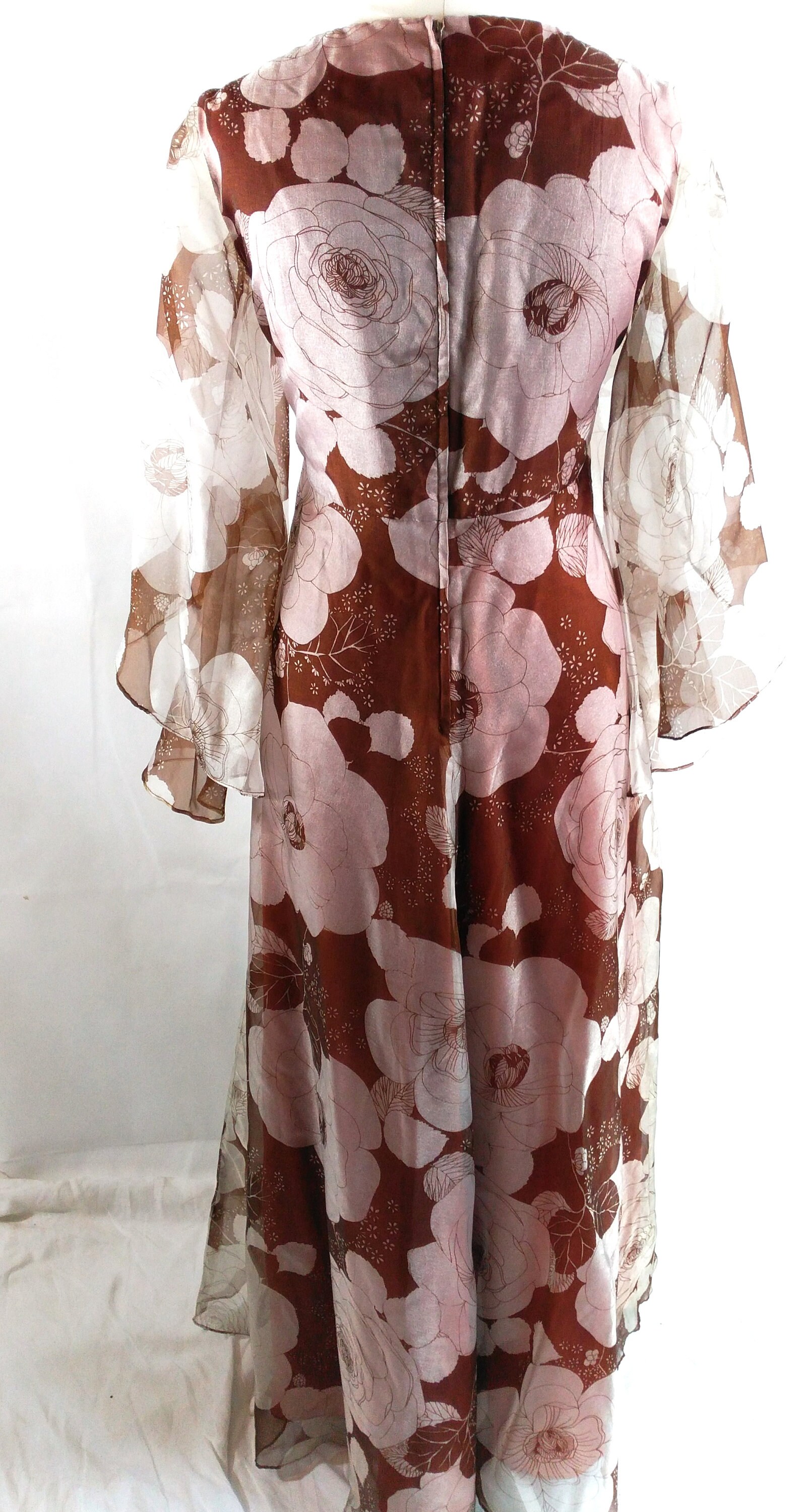 Plus Size UK 16 Vintage 1970s Chiffon Maxi Dress Carnegie Floral Boho ...