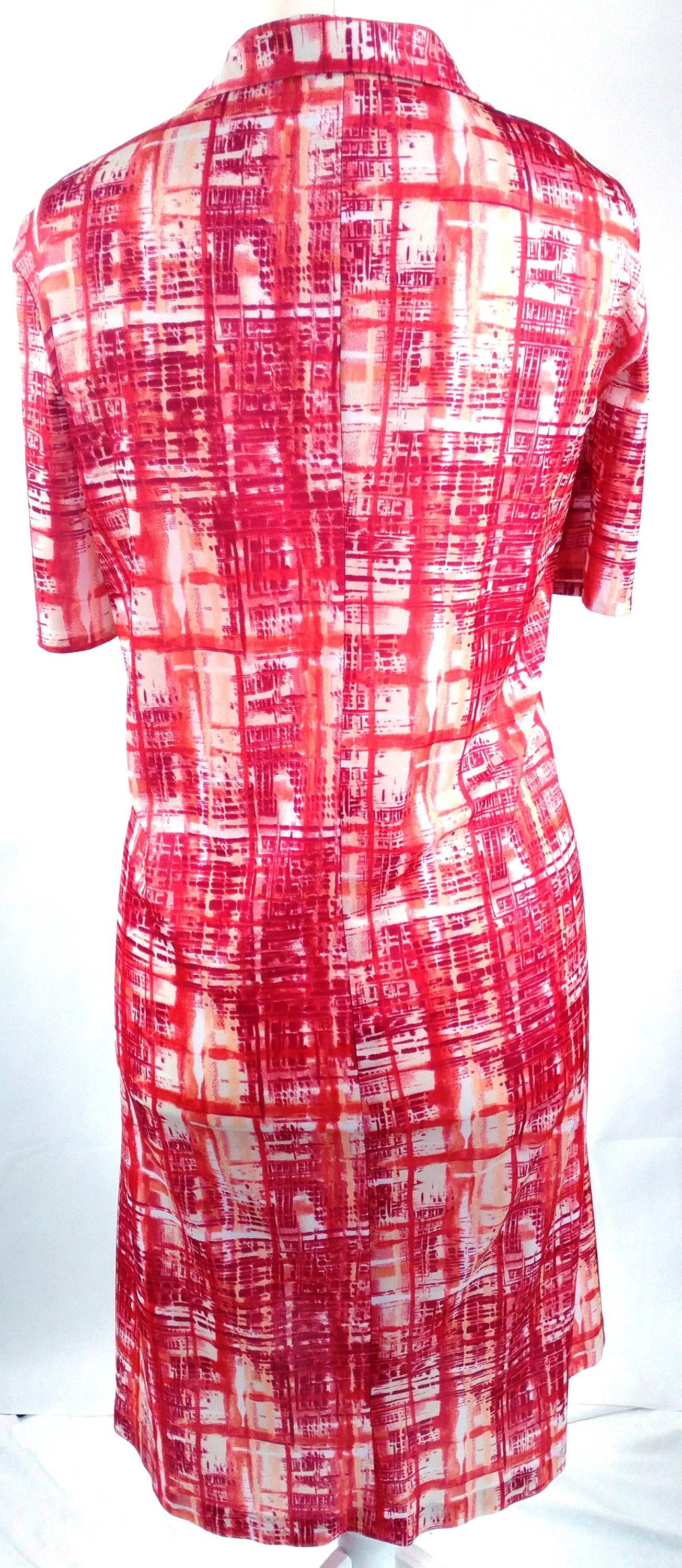 Plus Size UK 22 1970s Vintage Red Geometric Dress Silky Shirtwaist