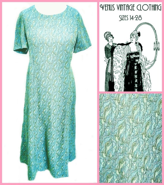 Plus Size UK 16 Vintage 1970s Green Blue Gold Brocade Maxi Evening Dress EU 44 US 12 Bust 42" 107cm